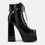 New super high heel square head large women's leather boots with strap and thick heel short boots double waterproof platform boots