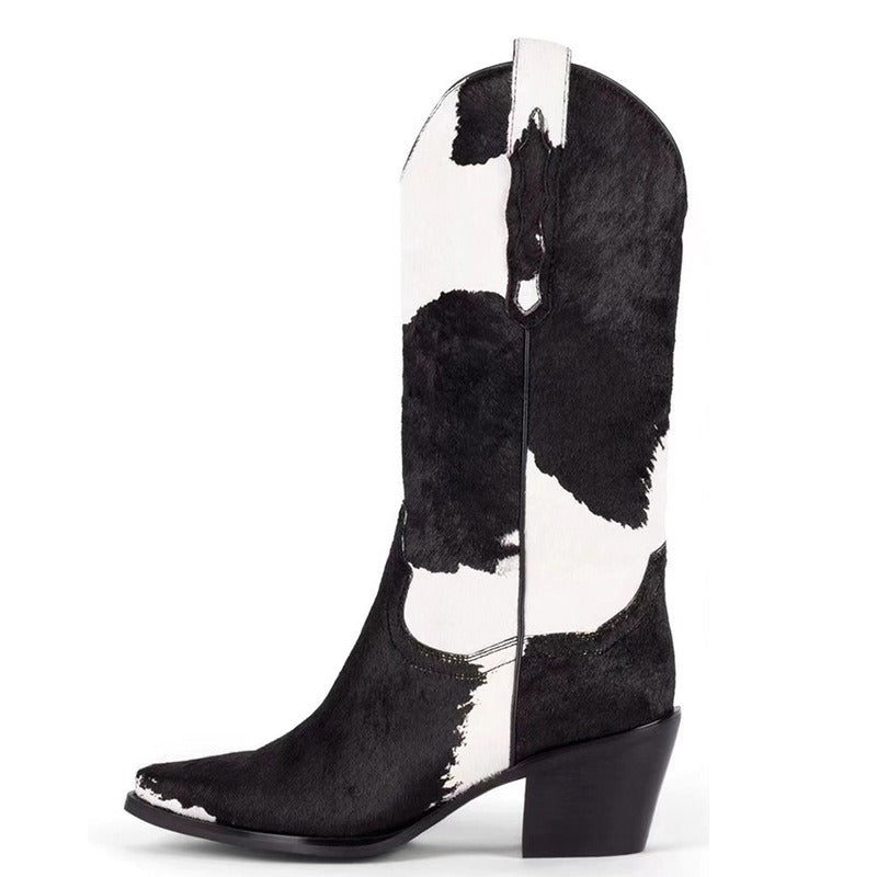 Knee-Length Elastic Rider Boots Round Heel Square Toe Western Boots Plus Size Knee-High Women's Boots