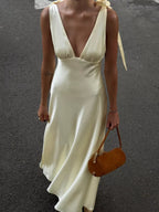 Satin Tie Shoulder Deep V-Neck Dress