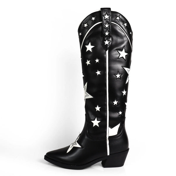 JINKO-1 Cowboy Mid Calf Western Star Embroidered Black