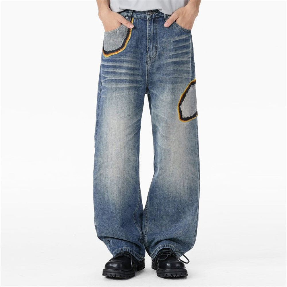 Men's Distressed Faded Wash Denim Jeans with Embroidery Patches - Loose Straight Leg Hip Hop Style