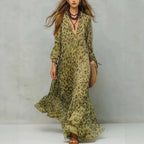 Leopard Print Chiffon Long Dress Deep V-Neck Three-Quarter Sleeve Flared Beach Vacation Dress