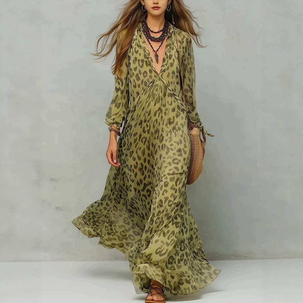 Leopard Print Chiffon Long Dress Deep V-Neck Three-Quarter Sleeve Flared Beach Vacation Dress