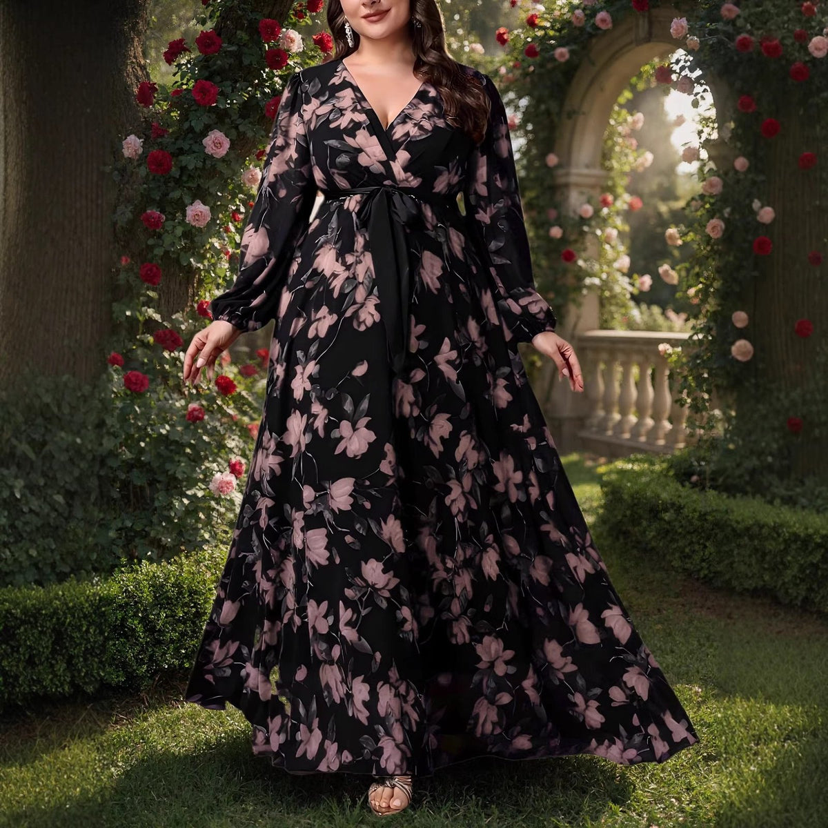 Oversize Printed Bohemian V-Neck Long Sleeve Flared Elegant Dress