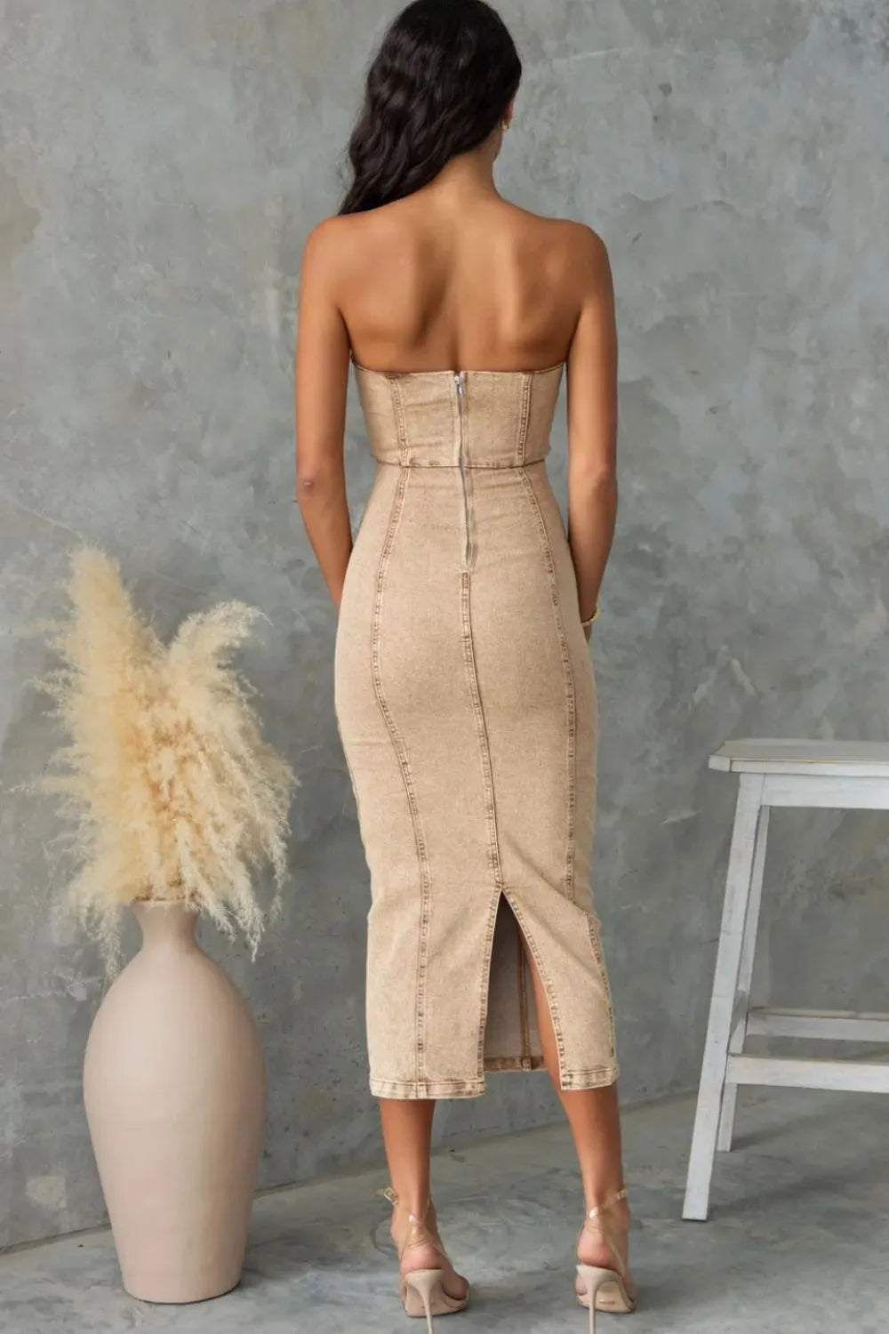 Washed Slit Back Tube Denim Dress
