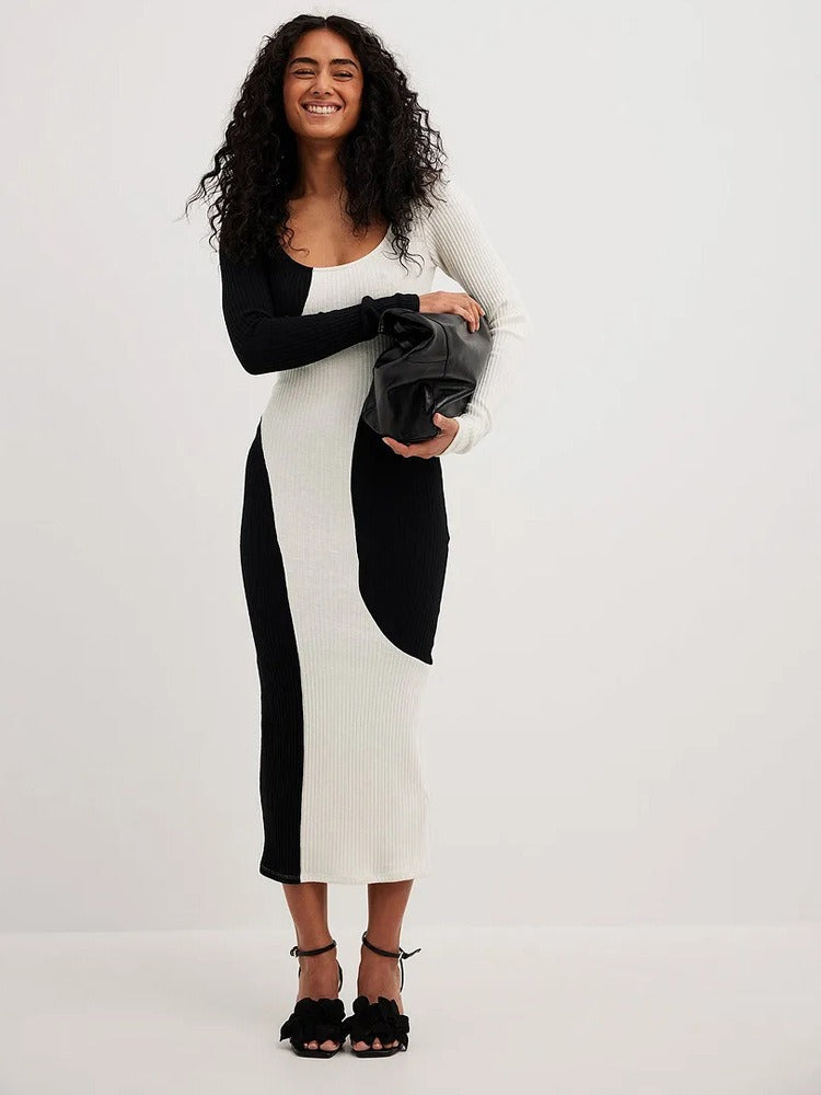 Black and white paired long sleeved dress