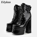 New super high heel square head large women's leather boots with strap and thick heel short boots double waterproof platform boots