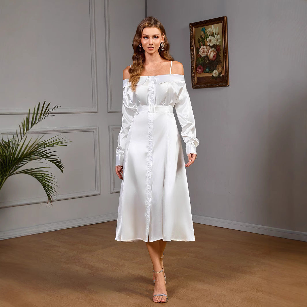 New French-style white slimming elegant long-sleeve dress with belt