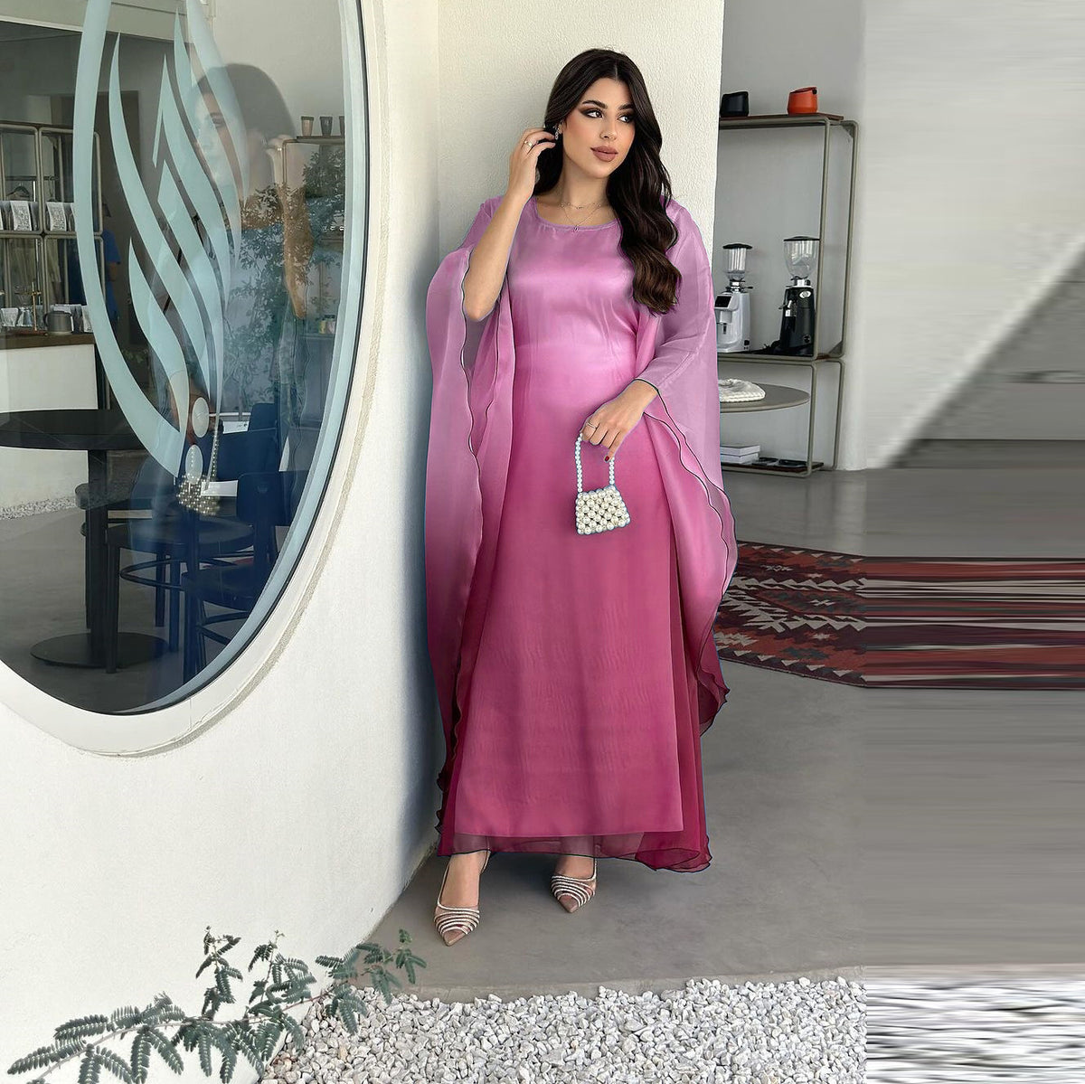 Gradient satin dress big robe dress