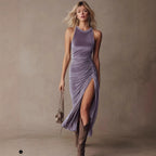 Lavender Velvet Halter Neck Dress with Side Pleats, High Slit, Fitted Slimming Bodycon Maxi Skirt