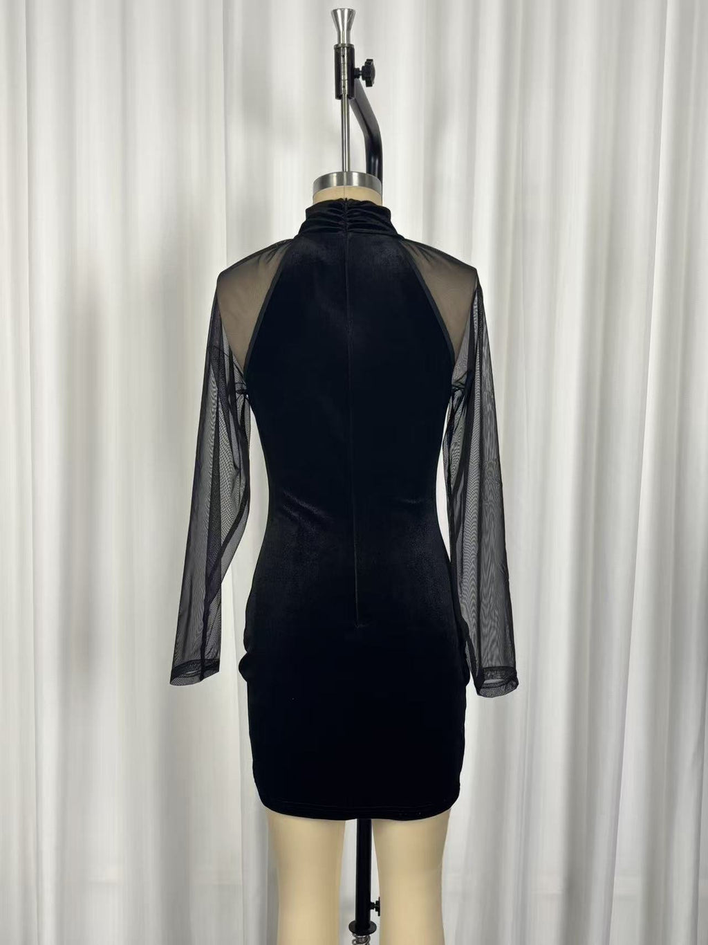 Elegant Long Sleeve Sheath Dress with High Neck and Mesh Overlay for Formal Evening Wear