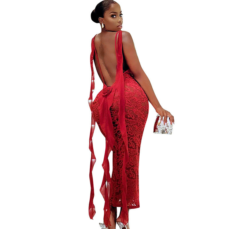 Ribbon Deep Back Lace Summer Dress