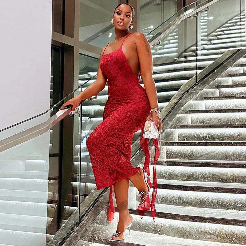 Ribbon Deep Back Lace Summer Dress