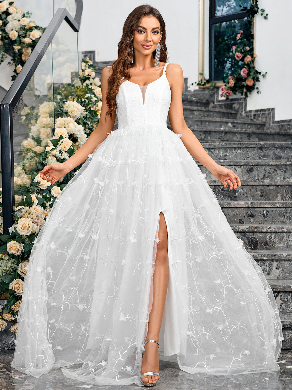 Summer new mesh dress V-neck back tie solid color elegant and graceful dress