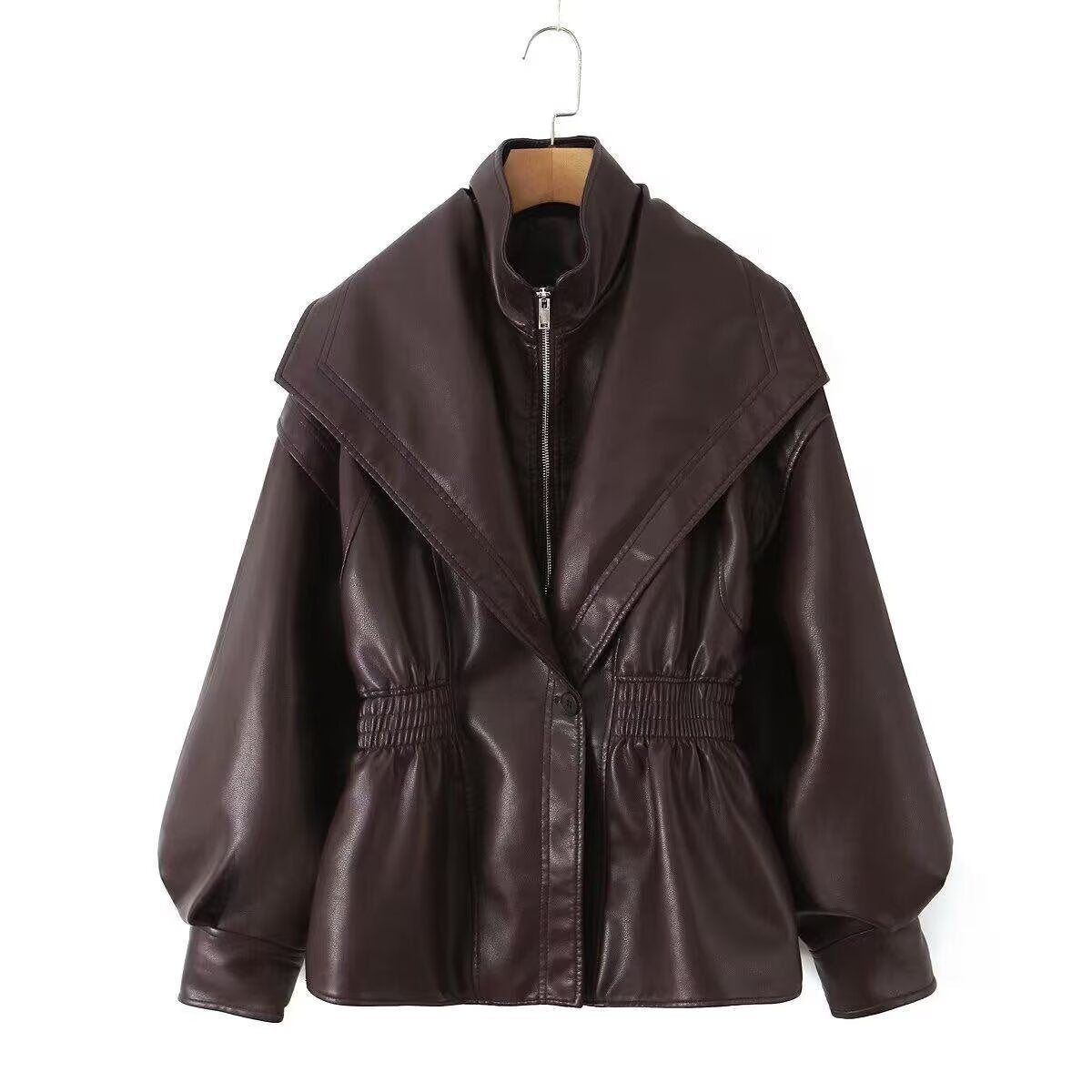 Edgy PU Leather Zipper Lapel Collar Fitted Jacket