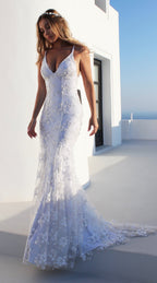 Elegant V-Neck White Strap Long Evening Gown