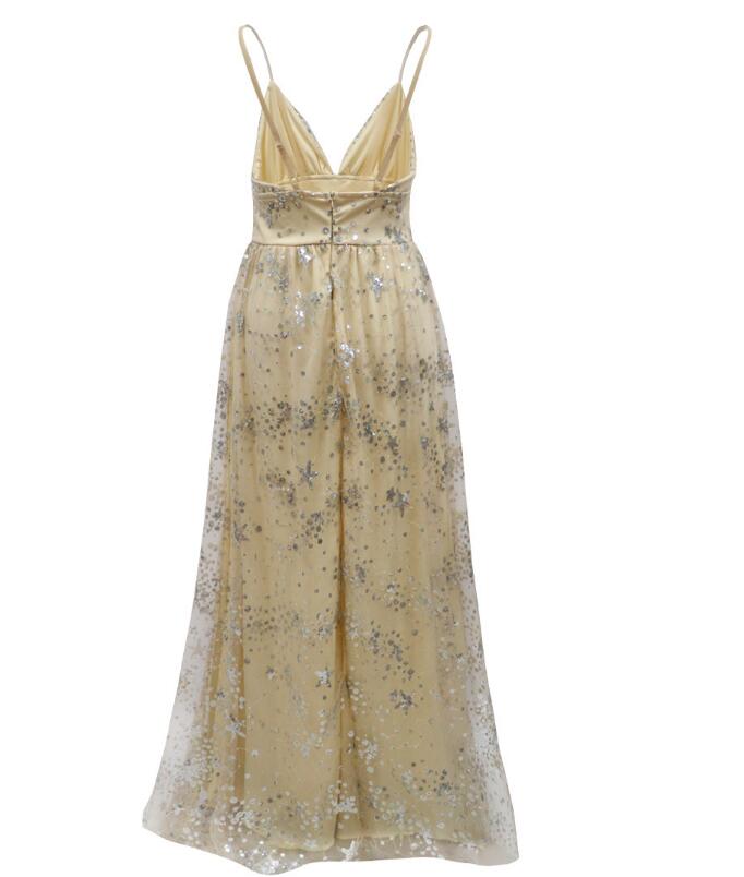 Deep V Suspender Light Yellow Gauze Long Dress