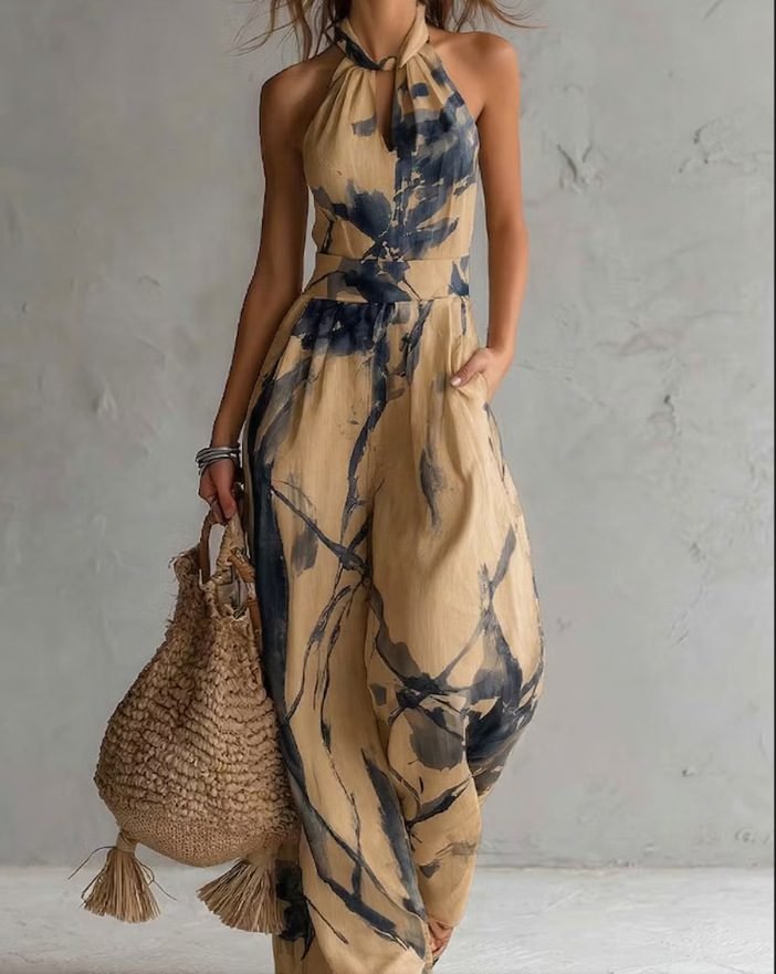 New halter backless jumpsuit, blue and white tie-dye wide-leg pants, summer beach women's wear