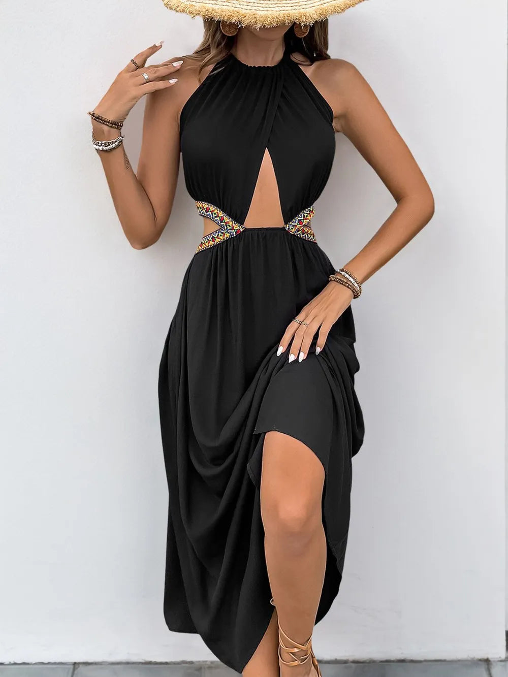 Cutout Grecian Neck Tied Back Dress