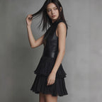 New short dress, sexy sleeveless PU leather spliced dress, elegant double-layer pleated ruffle hem skirt