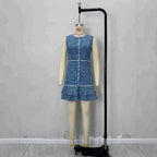 Sleeveless blue white printed denim blue dress