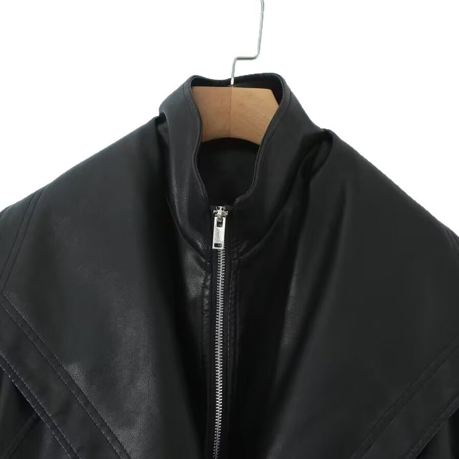 Edgy PU Leather Zipper Lapel Collar Fitted Jacket