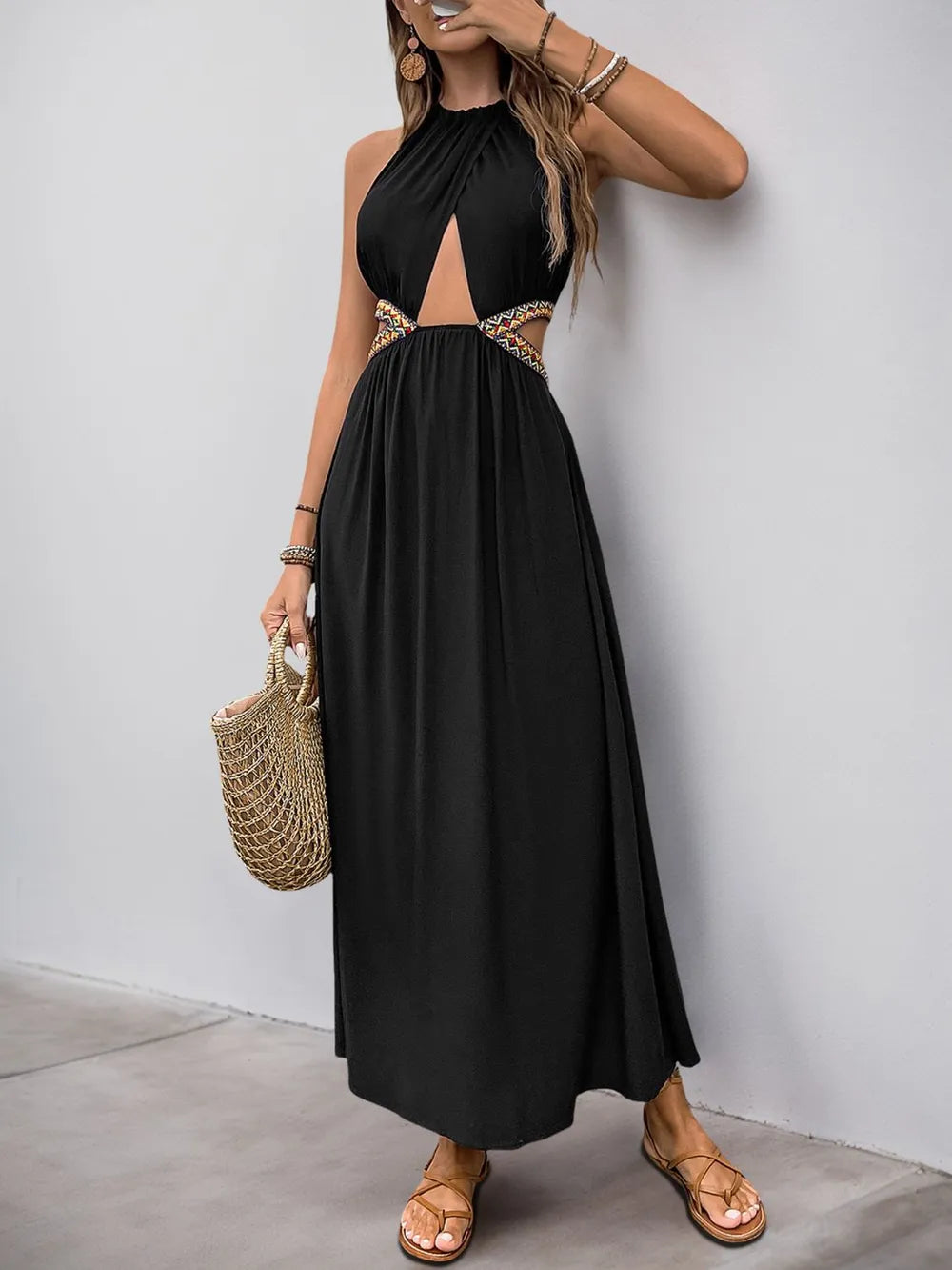 Cutout Grecian Neck Tied Back Dress
