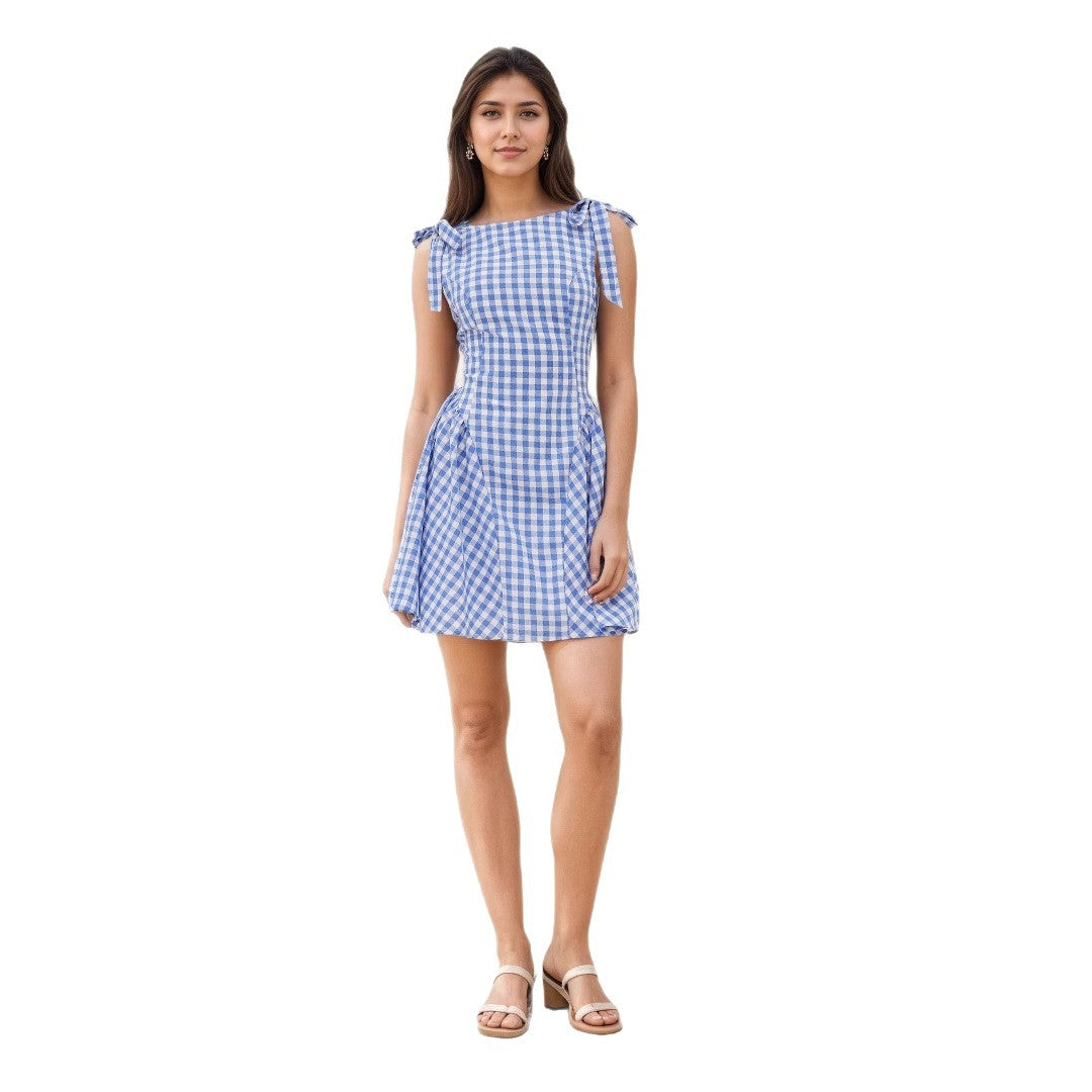 Checkered striped strap dress
