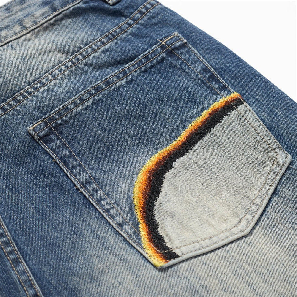 Men's Distressed Faded Wash Denim Jeans with Embroidery Patches - Loose Straight Leg Hip Hop Style