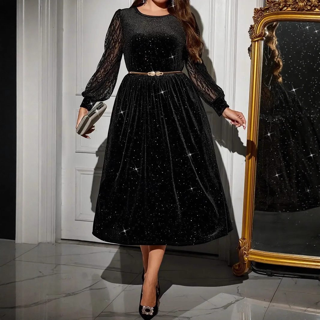Velvet Dress with Lace Splicing Long SleeveWomen's Fashion Dress