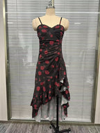 Style Floral Print Strap Irregular Ruffle Hem A-Line Dress