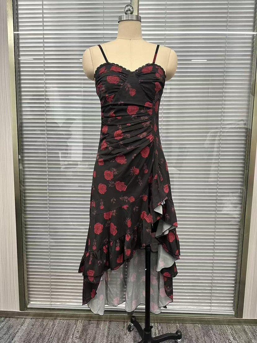 Style Floral Print Strap Irregular Ruffle Hem A-Line Dress
