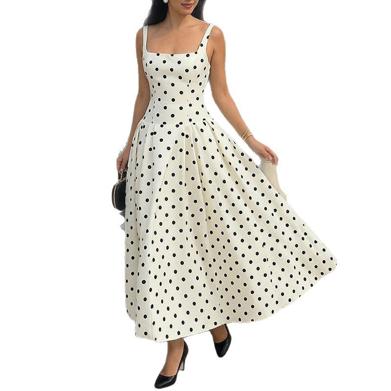 White Polka Dot Belted Strap Long Dress