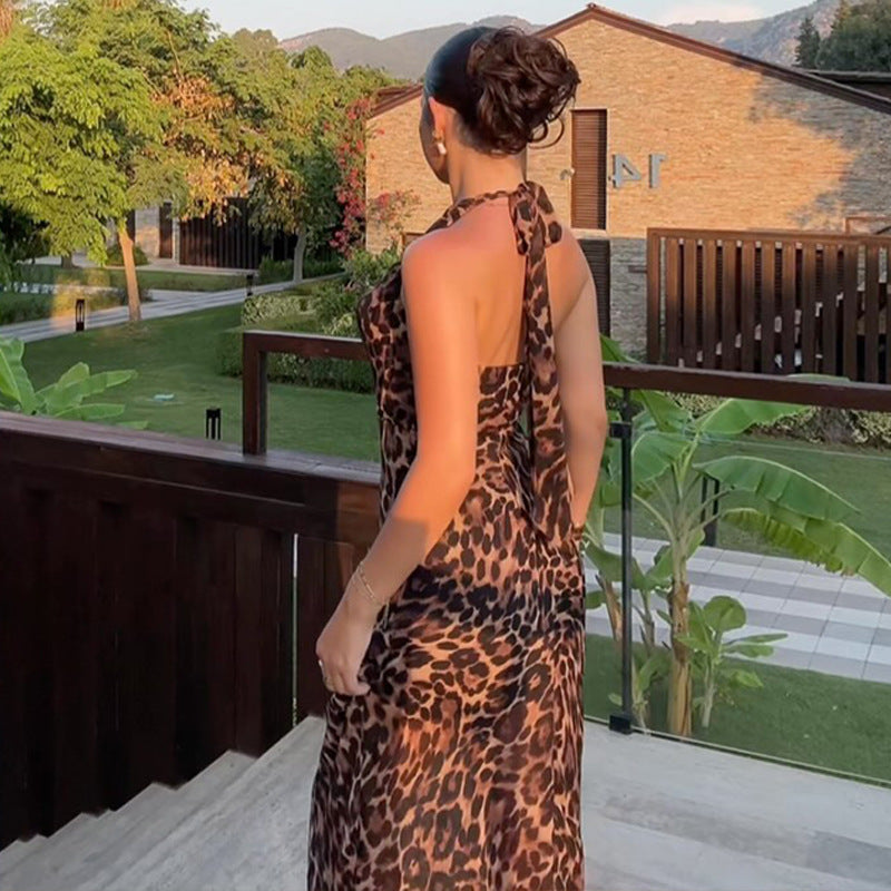 Leopard Print Halter Tie-Back Backless Long Dress