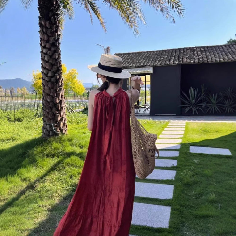 Red Strapless Dress for Women, Summer New Style, Vacation-inspired Design, Back Tie Detail, Elegant Loose Fit, Unique Long Dress