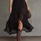Cropped V-Neck Shirt Dress with Ruffled Hem and Side Slit, Dark Chic Style, Body-Con Fit, Long Skirt