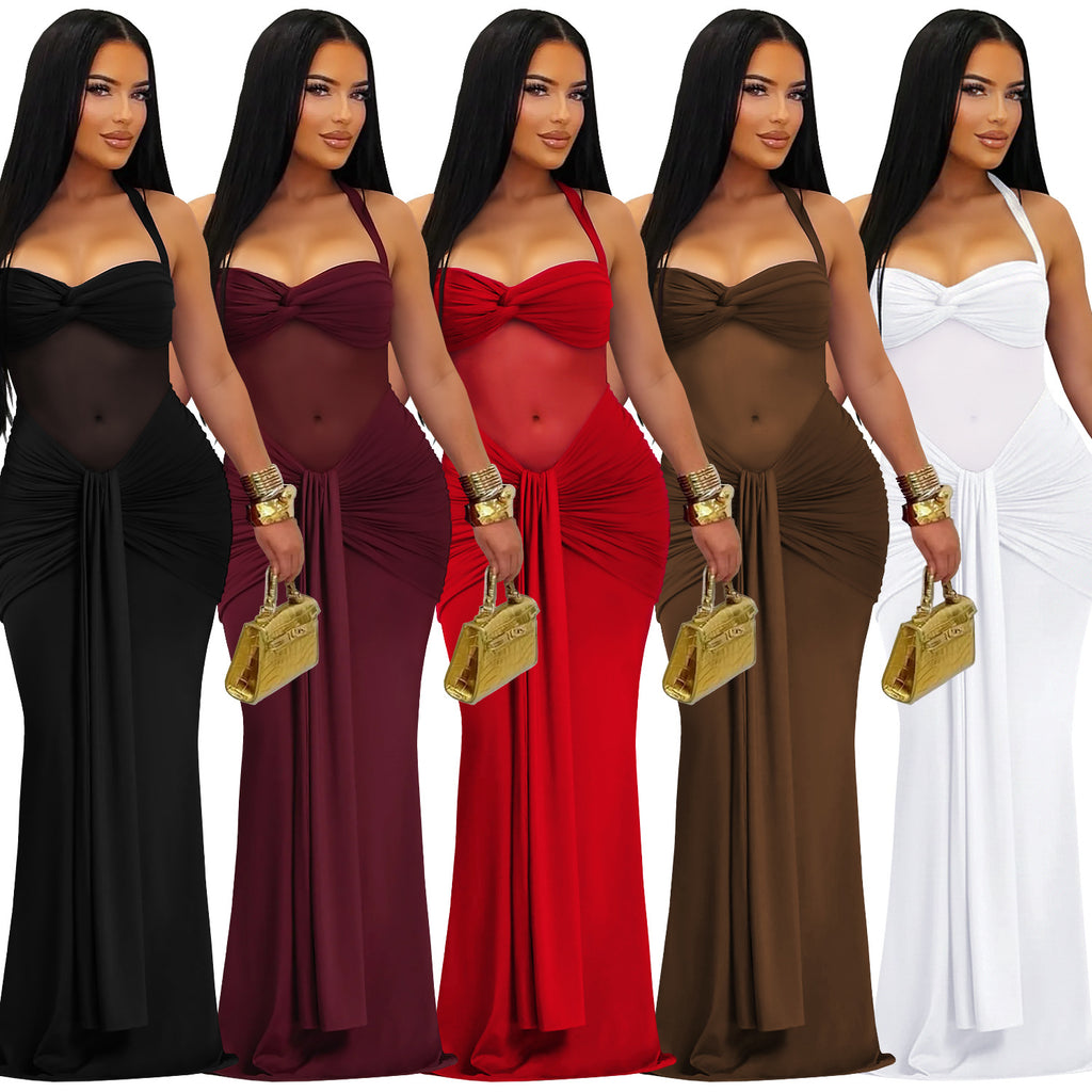 Sheer Mesh Halter Tie-Back Dress
