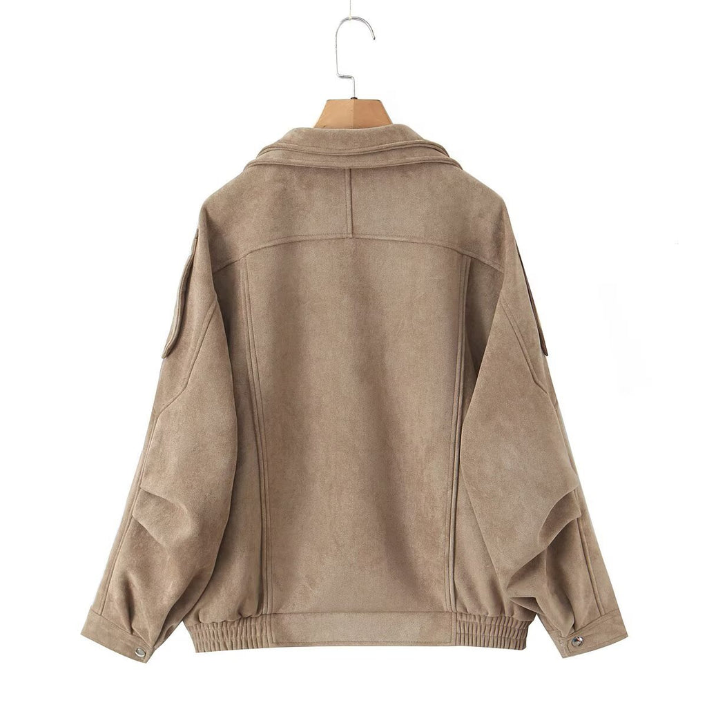 Casual Maillard Long Sleeve Suede Zipper Lapel Oversized Motorcycle Jacket for Women