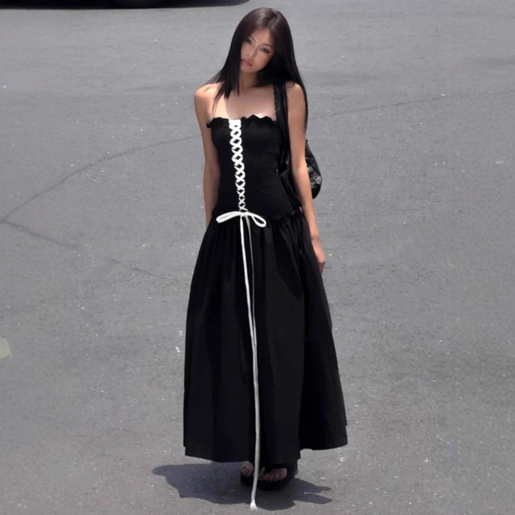 Strapless A-Line Tie-Waist Long Black Dress