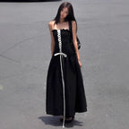 Strapless A-Line Tie-Waist Long Black Dress