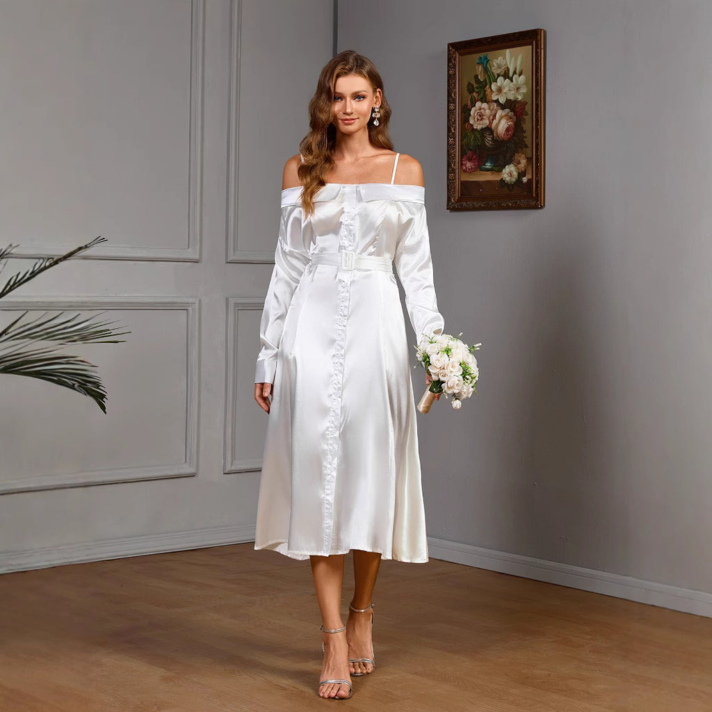 New French-style white slimming elegant long-sleeve dress with belt