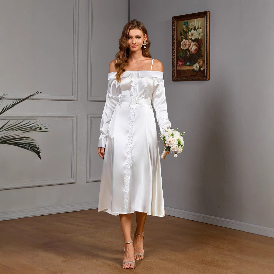 New French-style white slimming elegant long-sleeve dress with belt