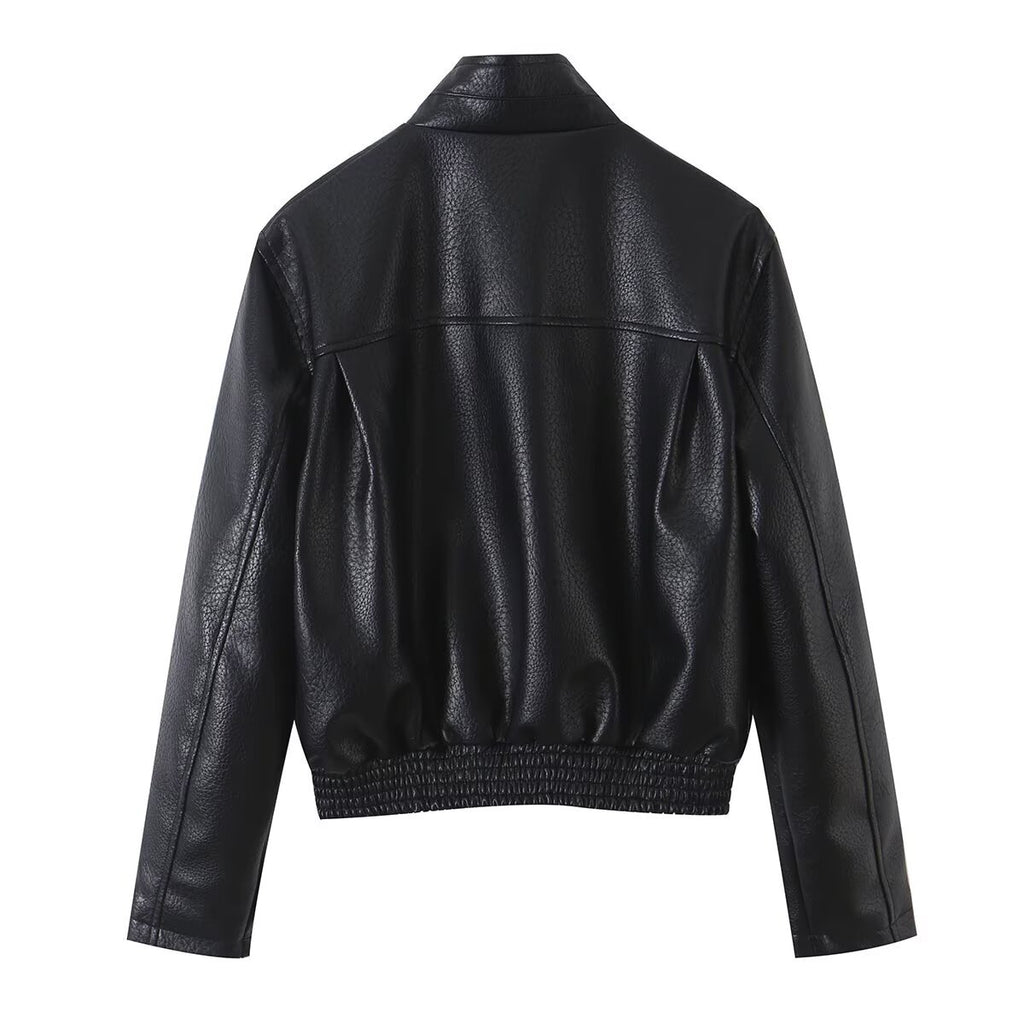 Long Sleeve PU Leather Zipper Lapel Loose Cropped Women's Jacket