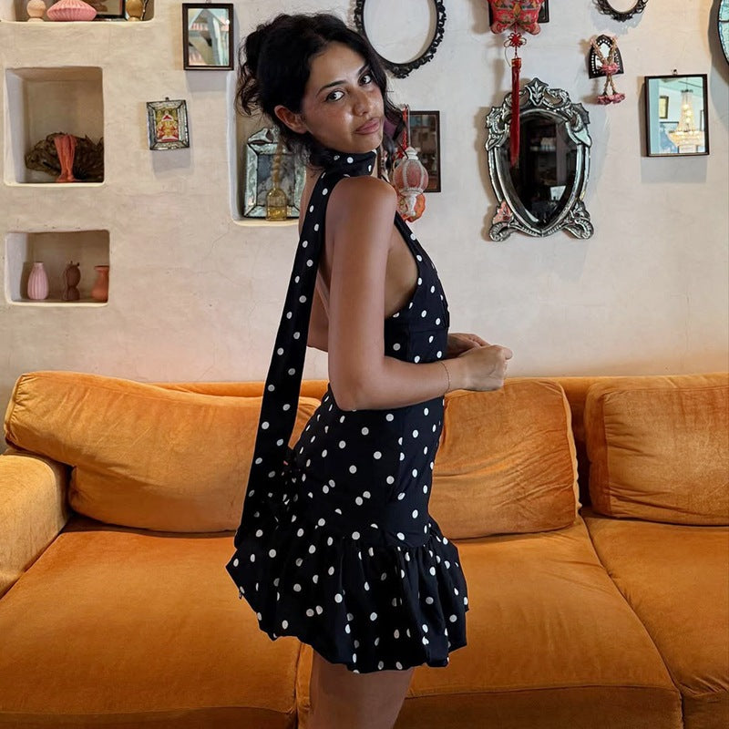 Polka Dot Sleeveless Ribbon Back Fitted Waist Dress