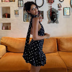 Polka Dot Sleeveless Ribbon Back Fitted Waist Dress