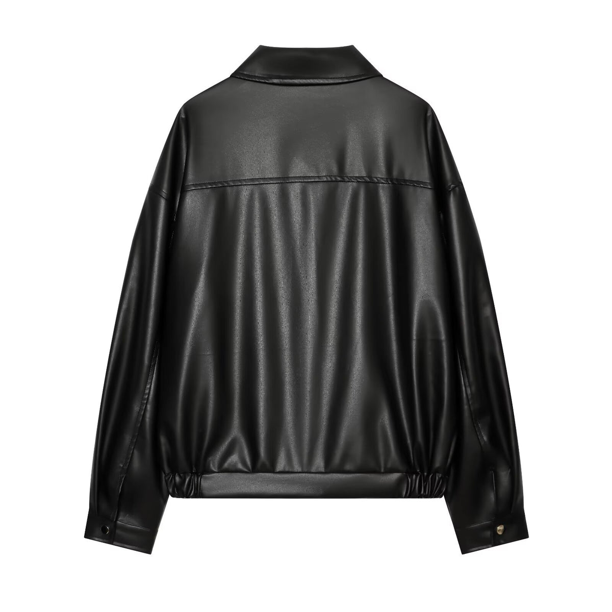 Women's solid color casual lapel long sleeved zipper imitation leather jacket