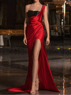 One-Shoulder Sequin Bodice Satin Gown with High Slit