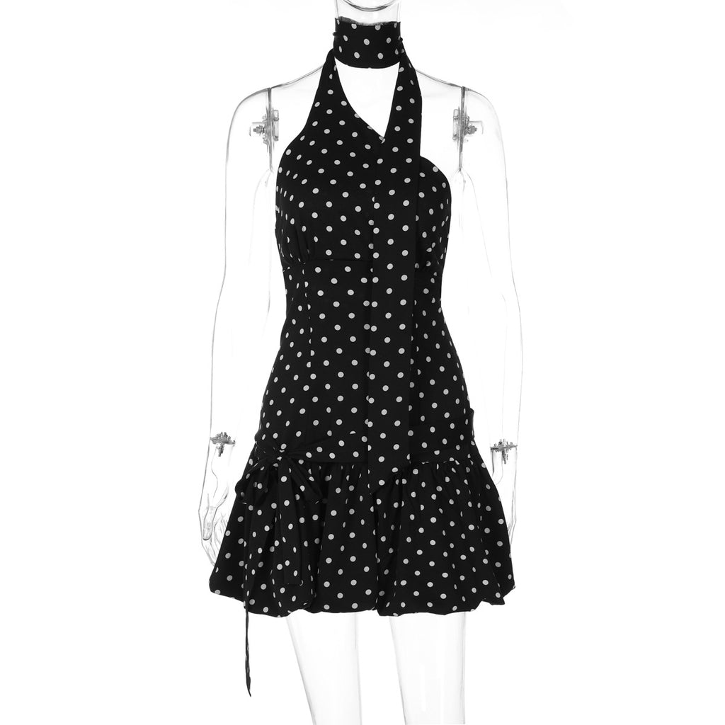 Polka Dot Sleeveless Ribbon Back Fitted Waist Dress