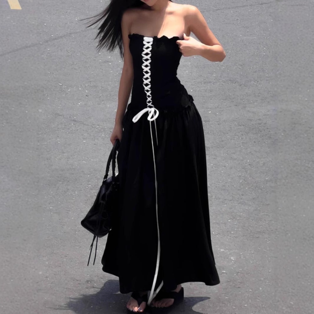 Strapless A-Line Tie-Waist Long Black Dress