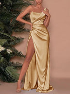 One-Shoulder Satin Maxi Dress with High Slit